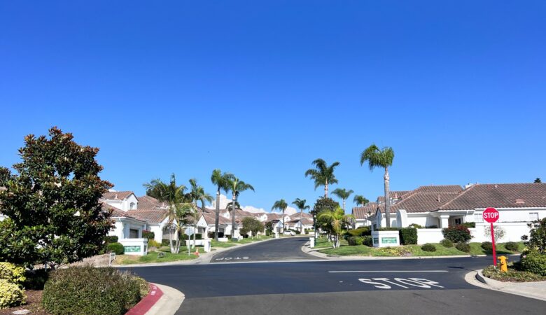 Suburban street in a sunny neighborhood with white houses, palm trees, green lawns, and a Stop sign by the curb under a clear blue sky.