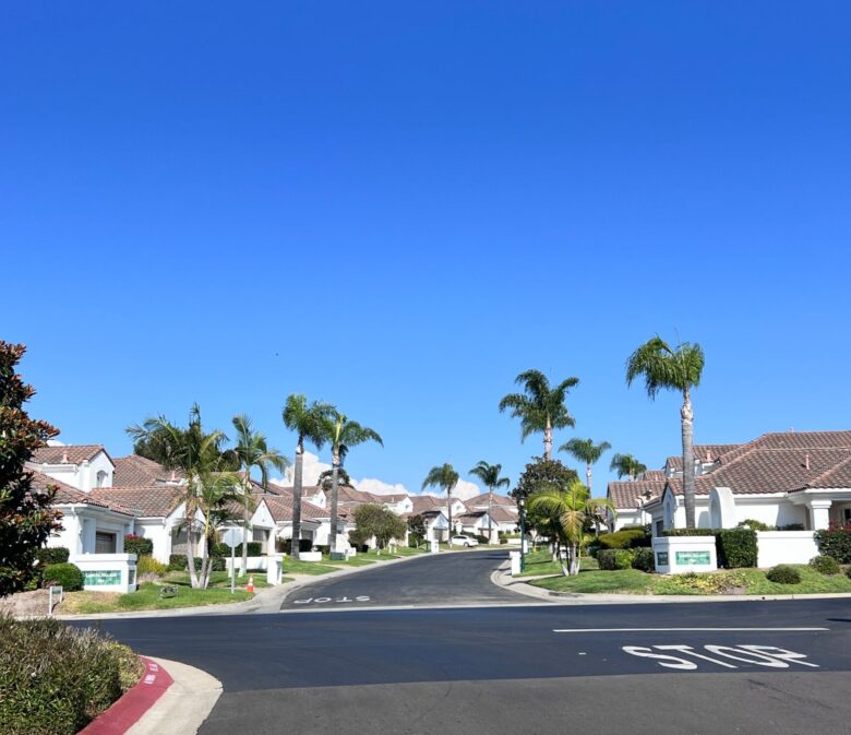 Suburban street in a sunny neighborhood with white houses, palm trees, green lawns, and a Stop sign by the curb under a clear blue sky.