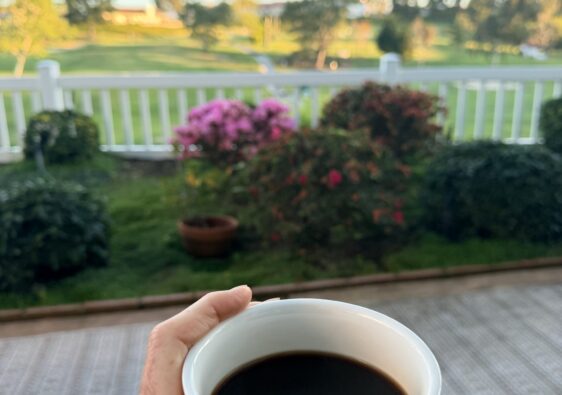 Morning coffee on a patio at Ocean Hills Country Club, illustrating everyday life in a 55+ community.