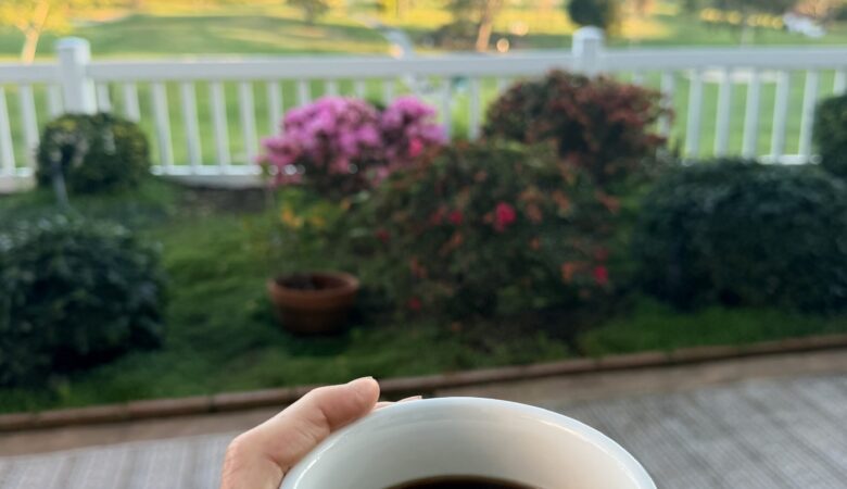 Morning coffee on a patio at Ocean Hills Country Club, illustrating everyday life in a 55+ community.