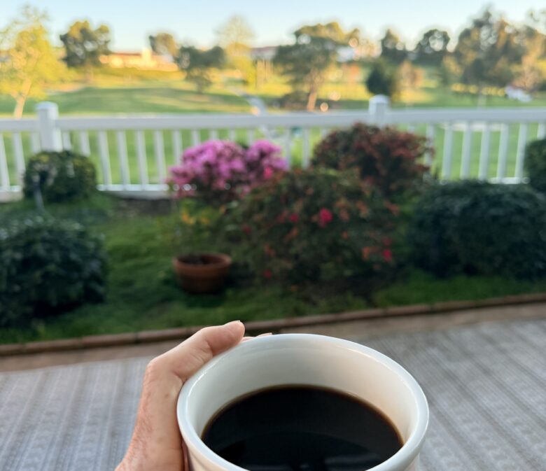Morning coffee on a patio at Ocean Hills Country Club, illustrating everyday life in a 55+ community.