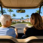 Grandmother, great-grandmother and baby enjoying a golf cart ride in Ocean Hills Country Club in Oceanside, California.