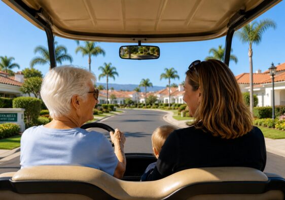Grandmother, great-grandmother and baby enjoying a golf cart ride in Ocean Hills Country Club in Oceanside, California.