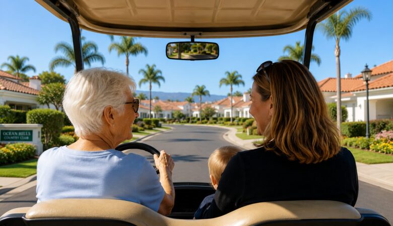 Grandmother, great-grandmother and baby enjoying a golf cart ride in Ocean Hills Country Club in Oceanside, California.