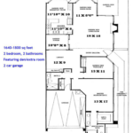 St. Tropez floor plan: 1640–1800 sq ft, 2 bedrooms, 2 bathrooms, den/extra room, 2-car garage.
