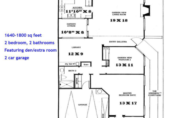 St. Tropez floor plan: 1640–1800 sq ft, 2 bedrooms, 2 bathrooms, den/extra room, 2-car garage.