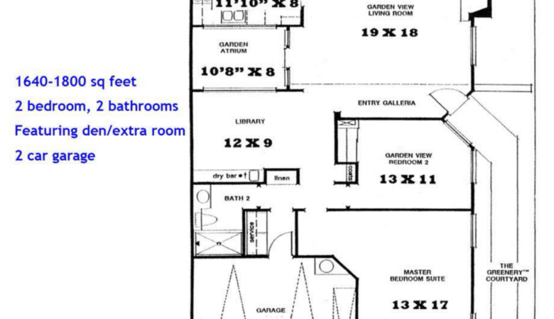 St. Tropez floor plan: 1640–1800 sq ft, 2 bedrooms, 2 bathrooms, den/extra room, 2-car garage.