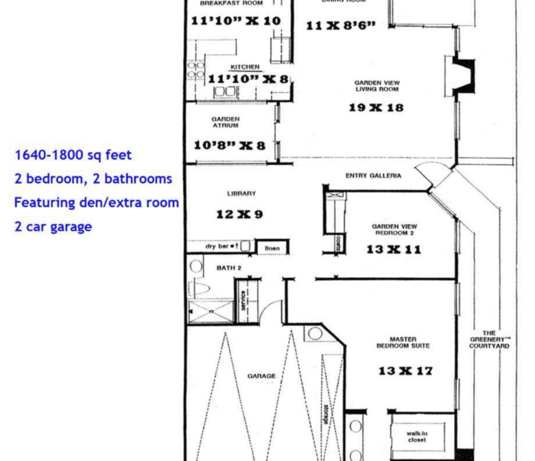 St. Tropez floor plan: 1640–1800 sq ft, 2 bedrooms, 2 bathrooms, den/extra room, 2-car garage.