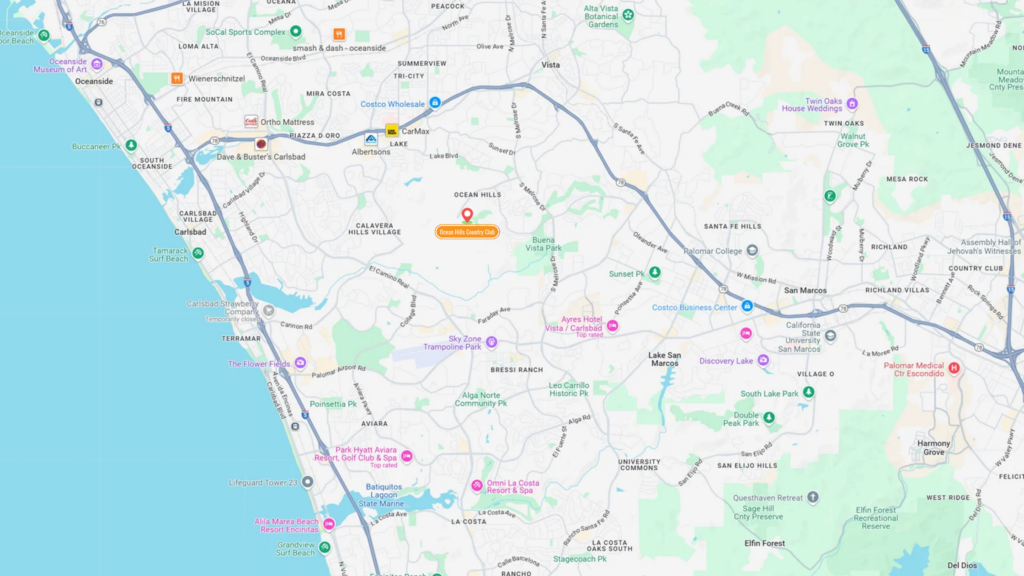Map showing Ocean Hills Country Club between Carlsbad, Vista and Oceanside in North County San Diego